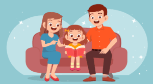 An illustration of a family reading a book together on a sofa