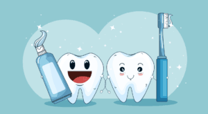 An illustration of two smiling cartoon teeth beside toothpaste and a toothbrush