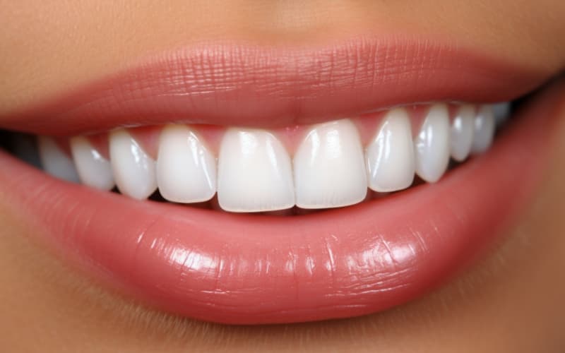 A close-up of a smile with even, natural-looking veneers