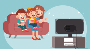 An illustration of a family watching television together on a sofa